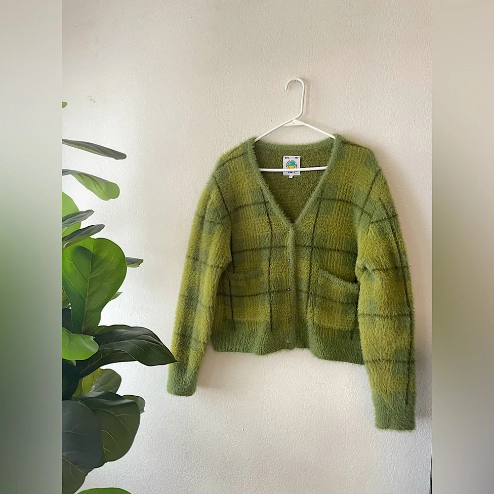UNIF Green Plaid Cardigan Sweater Women’s Size Small - Picture 9 of 9